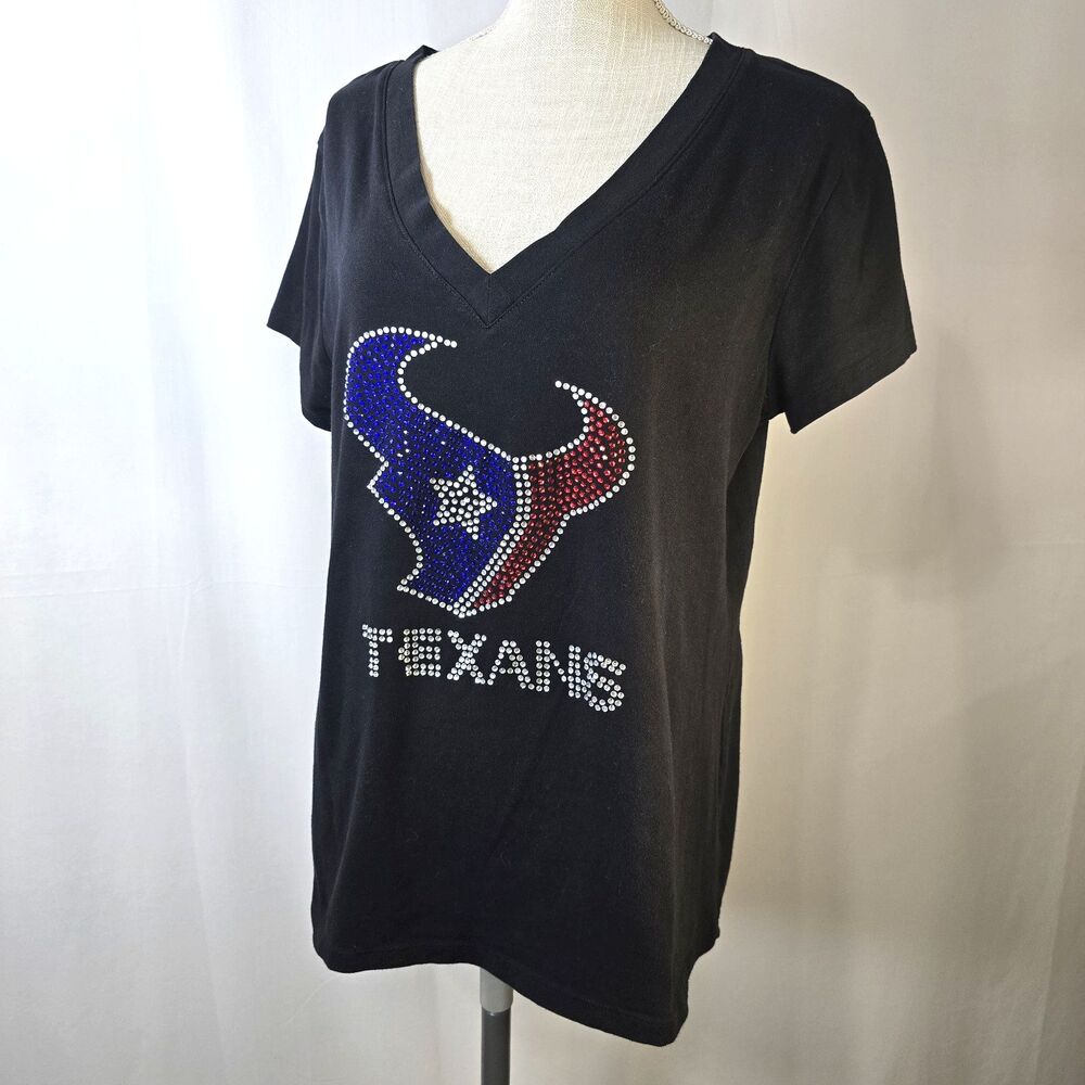 Artisan Apparel Houston Texans Women’s Rhinestone Logo Black V-Neck T-Shirt 3X